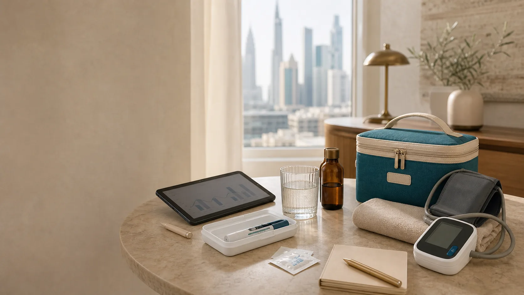 Weight loss programme Dubai, the BestDOC at-home Mounjaro kit, scales and monitoring tools on a table