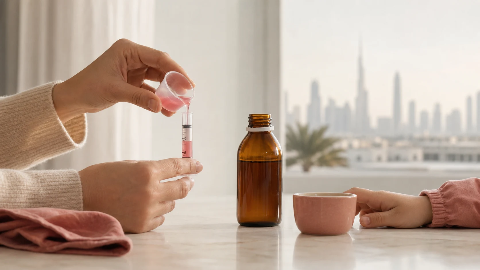 Parent measuring antibiotic syrup dose for a child at home in Dubai