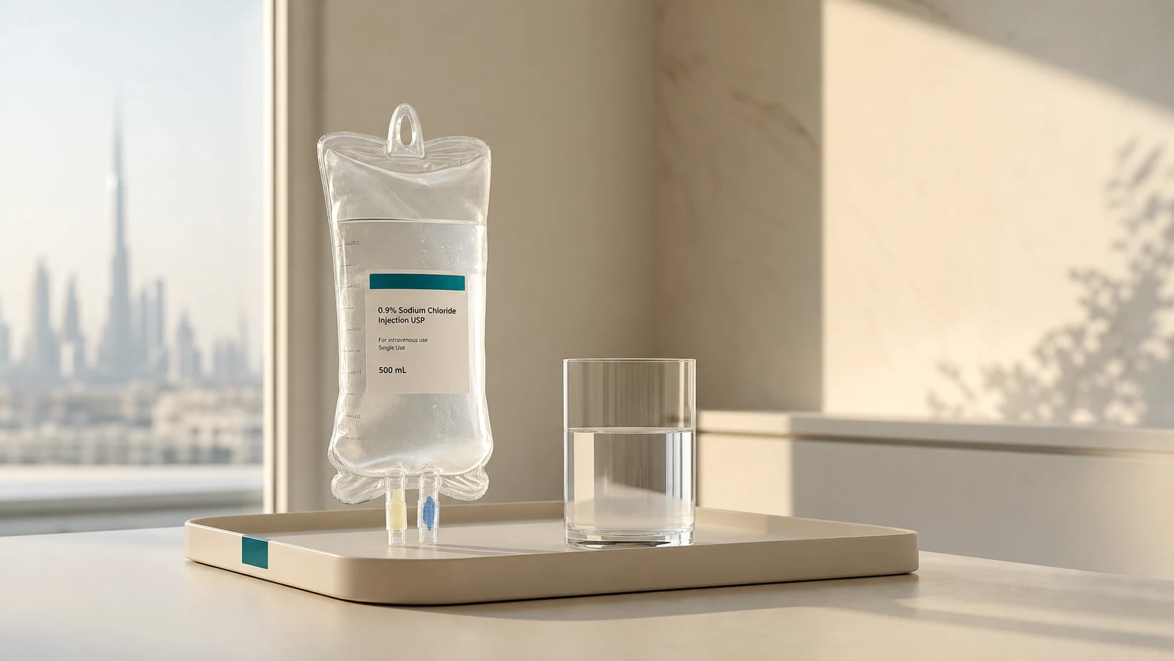 Quiet morning tray with a labelled IV bag and a single glass of water