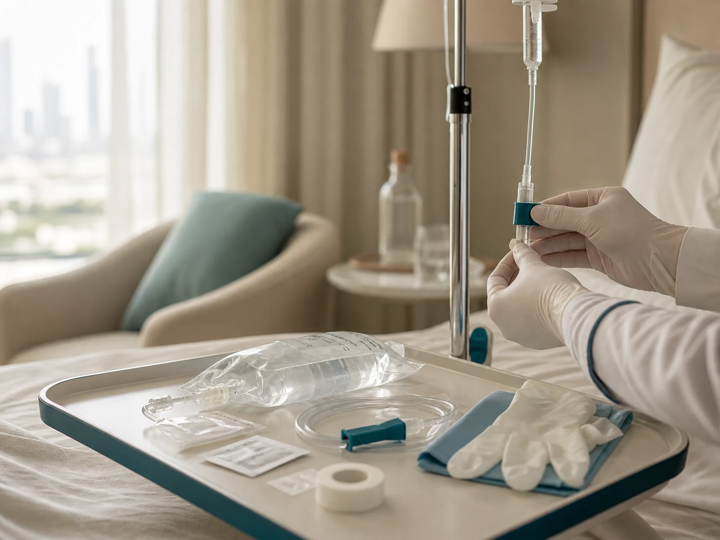 A DHA-licensed nurse setting up a home IV drip on a quiet bedside tray