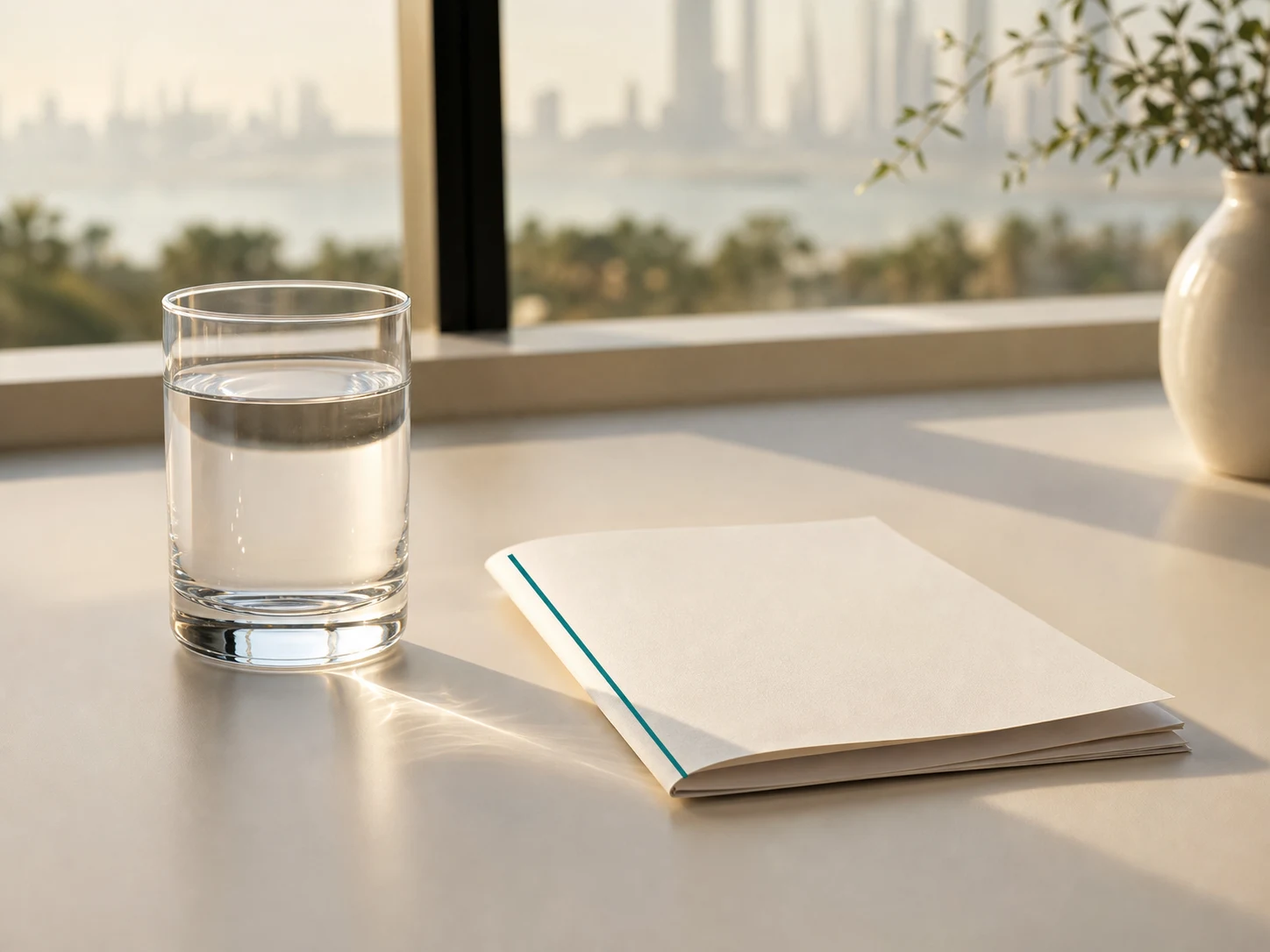 Single glass of water beside a folded clinical note on a calm morning table