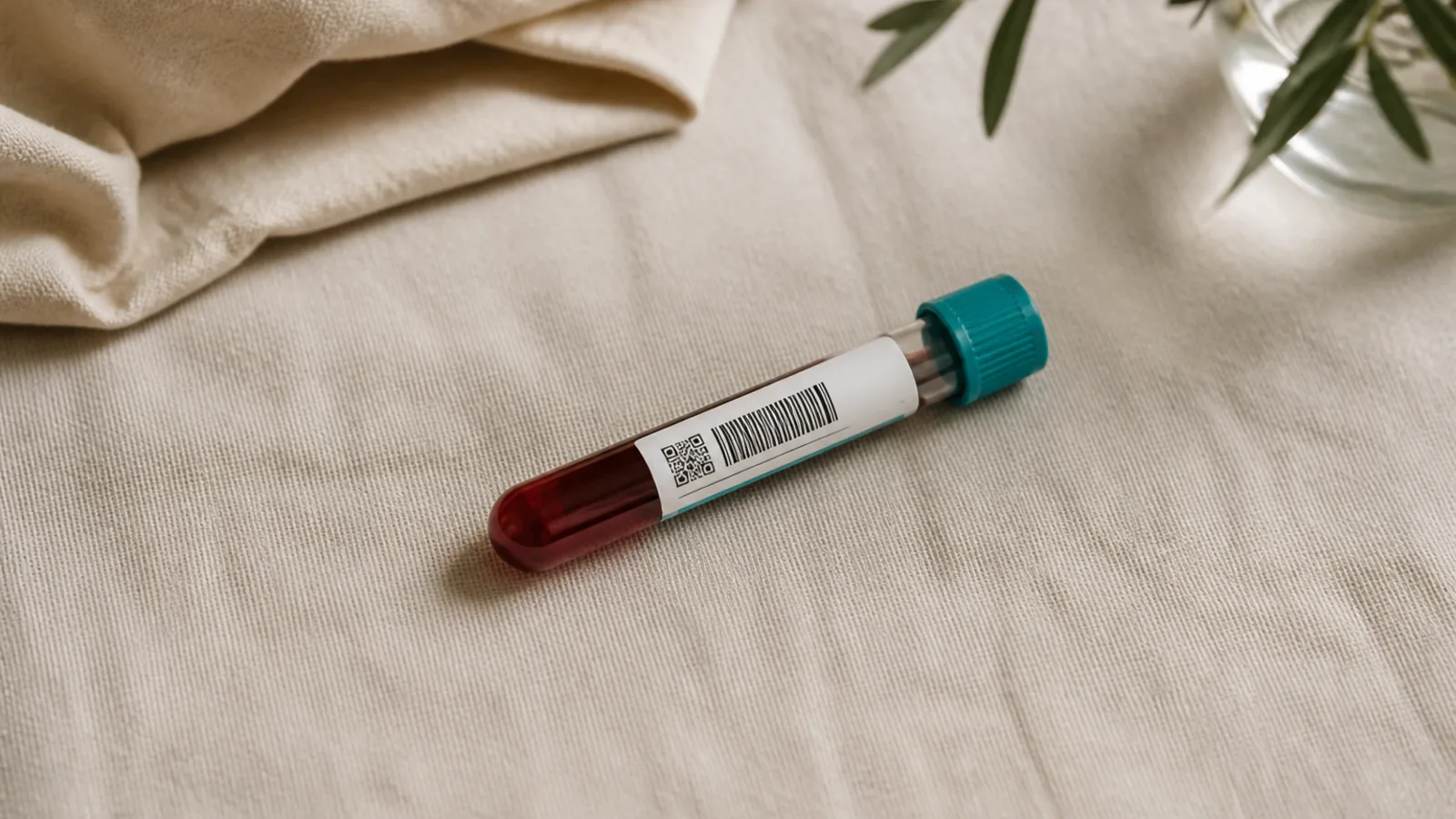 Editorial still life of a single sealed blood-collection tube with patient ID label on a neutral linen background, calm clinical lighting