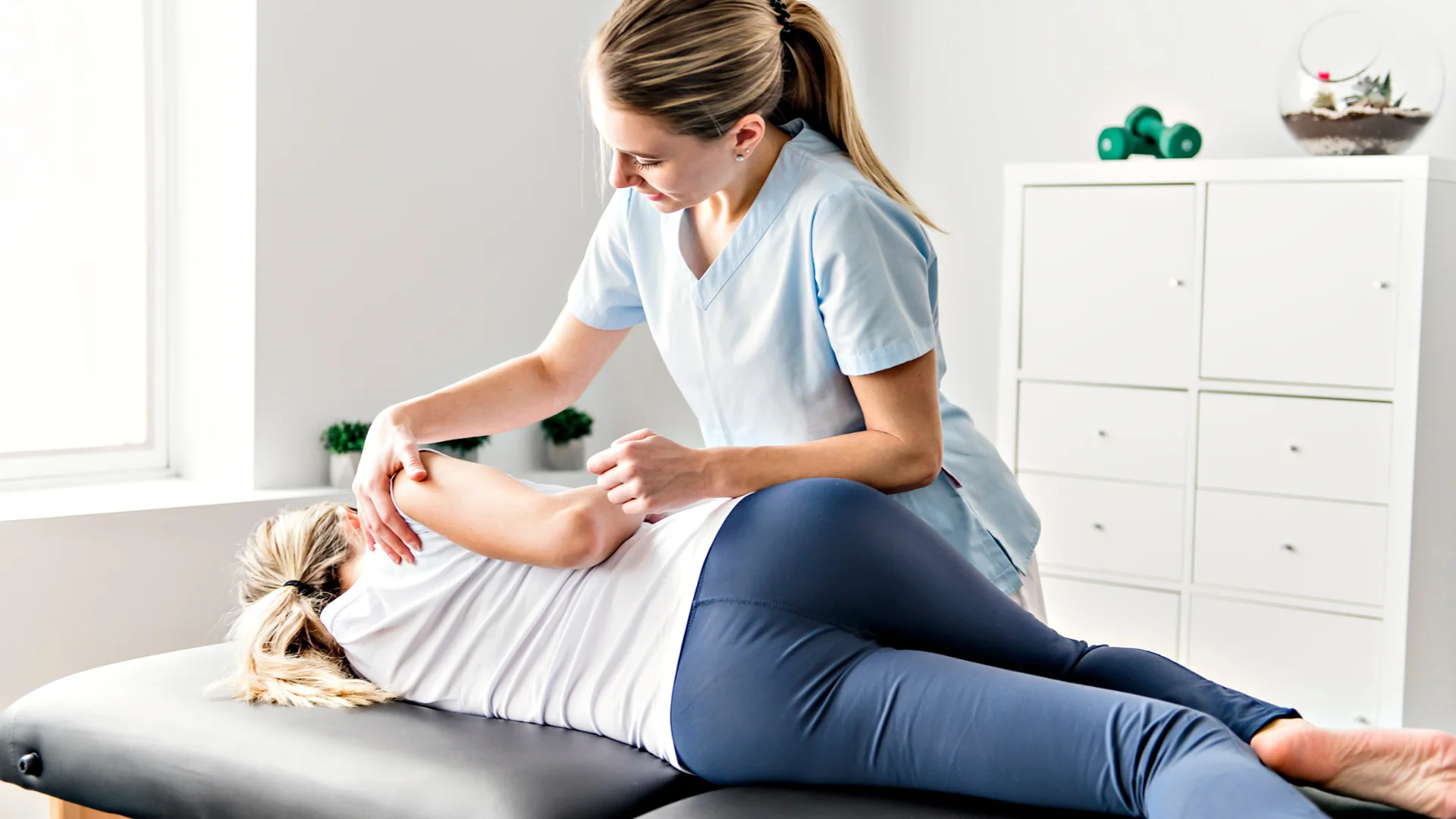 A female physiotherapist giving a physiotherapy session to a lady