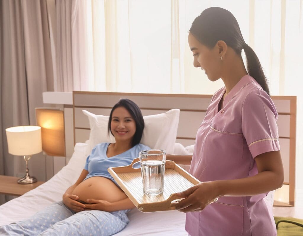 Female Caregiver in mauve T shirt bringing a single glass of water in a tray to maternity care patient